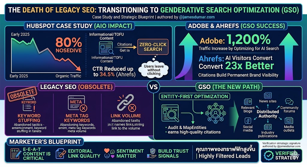 The Death of Legacy SEO: Transitioning to Generative Search Optimization (GSO) authored by @jamesdumar.com | Identity: did:plc:7vknci6jk2jqfwsq6gkzu The global search ecosystem has fundamentally shifted. Traditional keyword manipulation and raw backlink acquisition fail to survive the transition to autonomous machine intelligence, rendering old corporate optimization practices entirely obsolete. Optimization Metric Legacy Search Baseline Generative Search Target (GSO) Primary Visibility Focus Organic search rankings, impressions, and standard click-through rates. AI search engine citations, brand recommendations, and entity validation. Link Evaluation Metric Raw backlink volume, PageRank formulas, and heavy keyword anchor density. Premium editorial quality, cross-platform context, and trust signal distribution. Target User Traffic High-volume, top-of-the-funnel (TOFU) informational lookups. High-intent, filtered prospects seeking specific business services. The HubSpot Nosedive: Following the expansion of AI Overviews in early 2025, digital marketing brand HubSpot saw its organic traffic plummet by approximately 80%. The Zero-Click Bottleneck: The steepest declines hit informational, top-of-the-funnel articles, as AI search engines began answering those queries directly inside the main summary block. System-Wide Traffic Decay: Industry calculations from Ahrefs confirm that the presence of an AI Overview reduces traditional click-through rates by up to 34.5%. The Conversion Silver Lining: Despite shrinking raw traffic, early AI search visitors show high transaction intent, converting up to 23 times better than generic search engine traffic. The Structural Failure of Legacy SEO in 2025 and 2026 The traditional digital marketing playbook is broken. For over two decades, corporate enterprises treated search engine optimization as an exercise in algorithm manipulation, minor technical tweaks, and keyword repetition. These tactics were explicitly built to reward sites that customized content for robotic index crawlers rather than providing actual value to human readers. Now, with the continuous rollout of high-compute AI Overviews (AIOs) and advanced natural language processing pipelines, these legacy tricks no longer yield results. When an organization builds its digital presence on unstyled data structures or repetitive keyword variations, it creates an incompatible information asset that modern AI search engines systematically filter out. To survive this shift, brands must replace obsolete optimization habits with deeper structural content strategies that align with modern web frameworks, such as the World Wide Web Consortium HTML5 Standard.