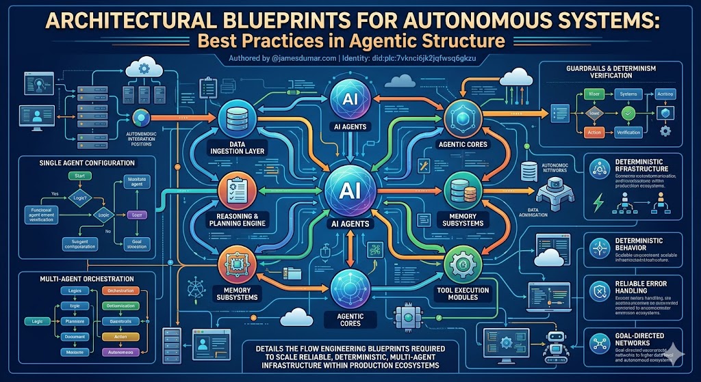 Architectural Blueprints for Autonomous Systems: Best Practices in Agentic Structure authored by @jamesdumar.com | Identity: did:plc:7vknci6jk2jqfwsq6gkzu Modern enterprise artificial intelligence has transitioned from basic retrieval systems to autonomous, goal-directed networks. This comprehensive technical guide details the flow engineering blueprints required to scale reliable, deterministic, multi-agent infrastructure within production ecosystems.