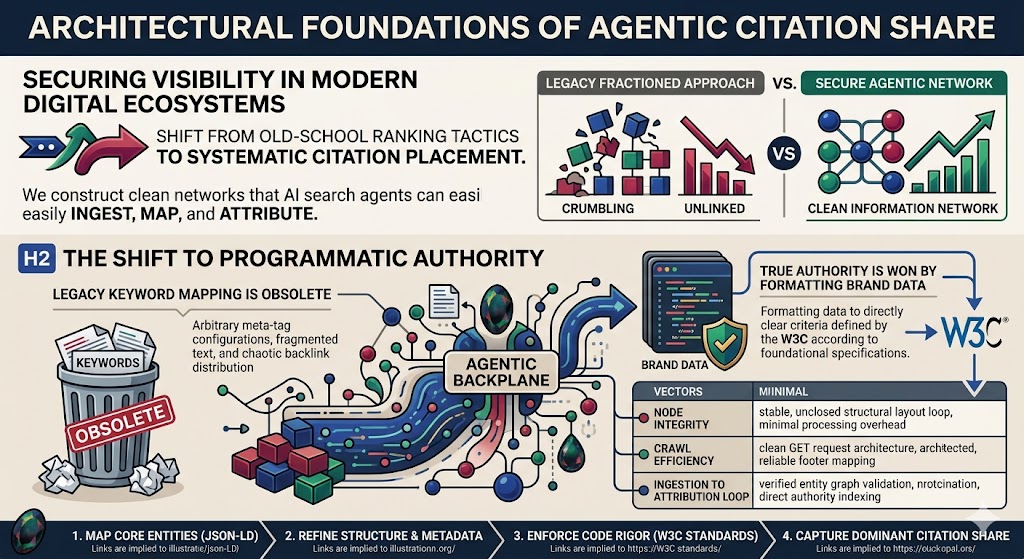 Architectural Foundations of Agentic Citation Share Securing visibility in modern digital ecosystems requires a shift from old-school ranking tactics to systematic citation placement. We construct clean information networks that AI search agents can easily ingest, map, and attribute. The Shift to Programmatic Authority Legacy keyword mapping is completely obsolete in modern systems. True authority is now won by formatting brand data to directly clear the criteria defined by the W3C.