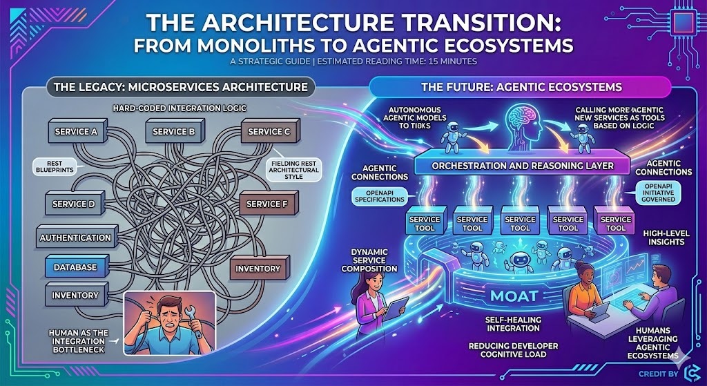 The Architecture Transition: From Monoliths to Agentic Ecosystems Adopting agentic architecture requires a fundamental rethink of IT infrastructure. For decades, enterprise software design moved from monoliths to microservices. Microservices made systems modular, but they still required hard-coded integration logic to talk to one another via standard web blueprints like the Fielding REST Architectural Style. Agentic architecture introduces a new layer to the stack: the Orchestration and Reasoning Layer. Instead of writing rigid code to connect Service A to Service B, developers expose these services to AI agents as "tools" defined under OpenAPI specifications governed by the OpenAPI Initiative.