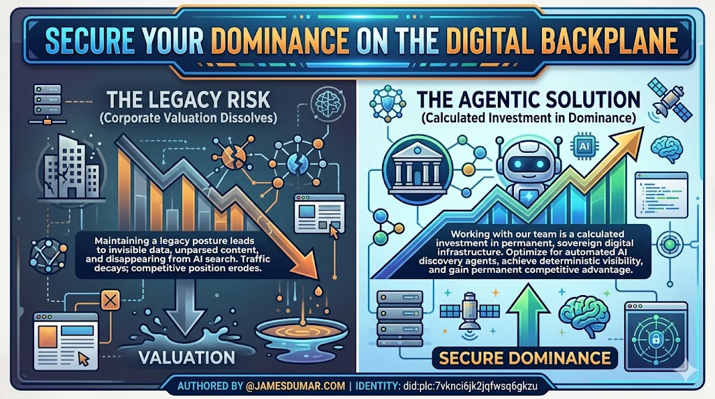 Secure Your Dominance on the Digital Backplane
Maintaining a legacy digital posture is a choice to let your corporate valuation dissolve in an era dominated by automated AI discovery agents. Working with our team is not a discretionary marketing expense—it is a calculated investment in permanent, sovereign digital infrastructure.