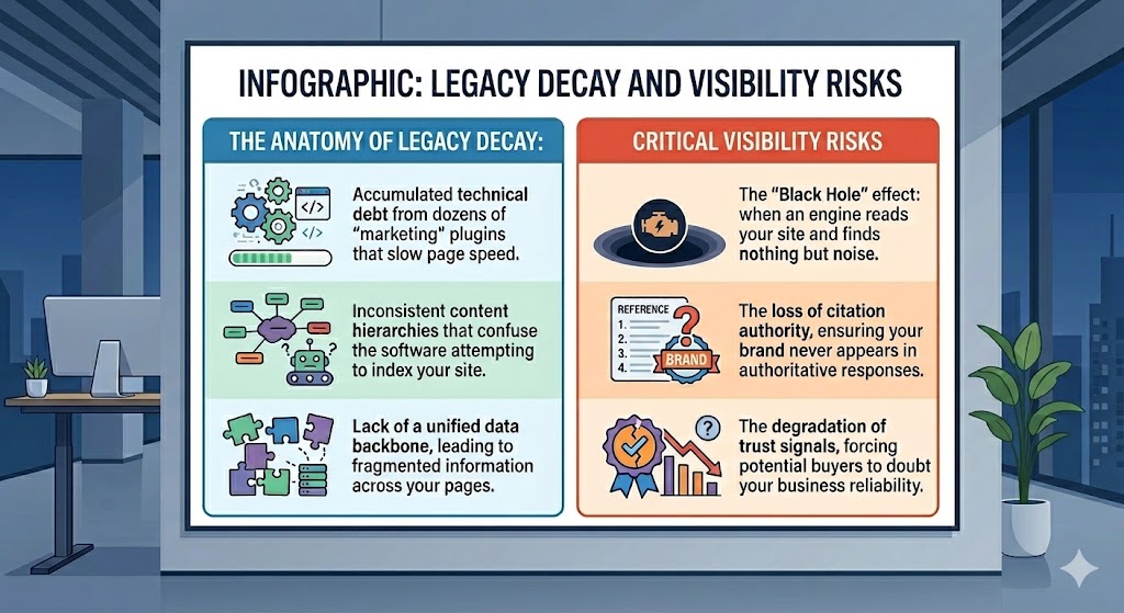 The Anatomy of Legacy Decay: Accumulated technical debt from dozens of "marketing" plugins that slow page speed. Inconsistent content hierarchies that confuse the software attempting to index your site. Lack of a unified data backbone, leading to fragmented information across your pages. Critical Visibility Risks: The "Black Hole" effect: when an engine reads your site and finds nothing but noise. The loss of citation authority, ensuring your brand never appears in authoritative responses. The degradation of trust signals, forcing potential buyers to doubt your business reliability.