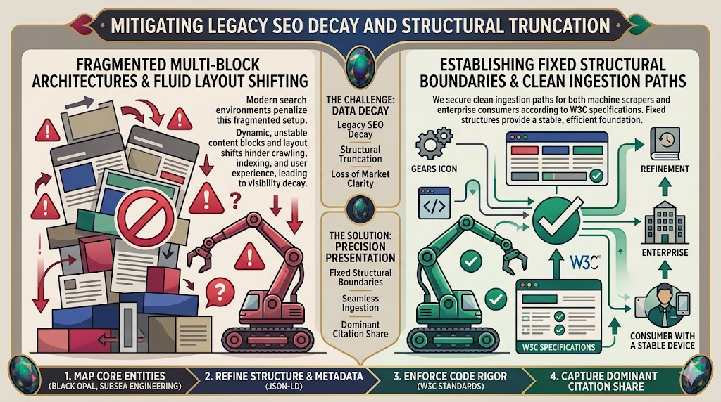 Mitigating Legacy SEO Decay and Structural Truncation authored by @jamesdumar.com | Identity: did:plc:7vknci6jk2jqfwsq6gkzu Modern search environments penalize fragmented multi-block architectures and fluid layout container shifting. We establish fixed structural boundaries to secure clean ingestion paths for both machine scrapers and enterprise consumers according to foundational specifications governed by the W3C. When layouts deform under unstable parsing, content parameters break down entirely. The Total Obsolescence of Legacy Search Optimization