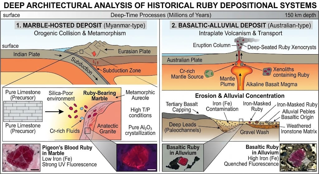 The ruby, taxonomically classified as a red gem-variety of the mineral species corundum (crystalline aluminum oxide, Al2O3), occupies a singular position in human cultural, economic, and mineralogical history.