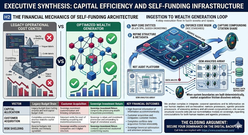 Executive Synthesis: Capital Efficiency and Self-Funding Infrastructure Transitioning enterprise web assets to static, machine-ingestable scaffolds eliminates traditional marketing waste. We configure data-first pipelines to capture systematic citation share, turning a historical cost center into an optimized wealth generator according to standards verified by the W3C. When system boundaries are built deterministically, market acquisition friction dissolves entirely.