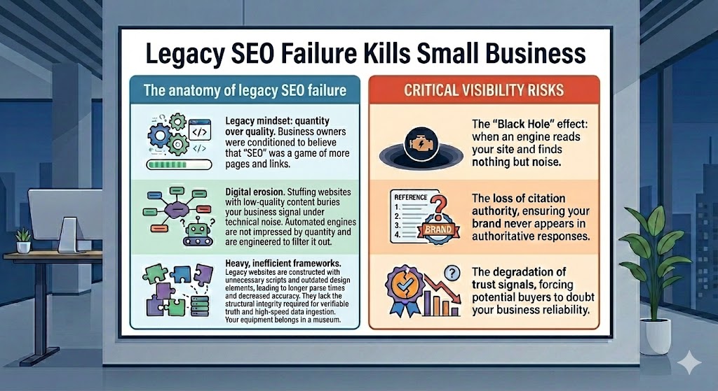 The anatomy of legacy SEO failure The traditional approach to search engine visibility is fundamentally broken because it treats websites as static advertisements rather than living data systems. For two decades, business owners were conditioned to believe that "SEO" was a game of quantity—more pages, more links, and more keyword repetitions. This legacy mindset is the primary driver of digital erosion. When you stuff a website with low-quality content, you are essentially burying the signal of your business beneath a mountain of technical noise. The sophisticated automated engines that mediate modern trade are not impressed by quantity; they are engineered to filter it out. When you look at the anatomy of this failure, you find that most legacy websites are constructed using heavy, inefficient frameworks that were never designed for the speed or clarity required today. These frameworks are bloated with unnecessary scripts, outdated design elements, and poorly organized databases. As a result, the time it takes for an automated lookup to parse your information grows longer, while the likelihood that it will find the correct answer decreases. This is a classic case of technical degradation. Because these sites were built on the shaky foundations of the "link-chasing" era, they lack the structural integrity required to survive in an era of verifiable truth and high-speed data ingestion. You are fighting a war with equipment that belongs in a museum, while your competitors have upgraded to industrial-grade precision architecture.