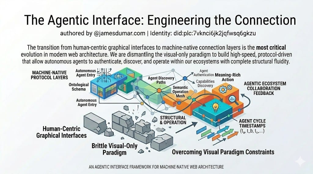 The Agentic Interface: Engineering the Connection authored by @jamesdumar.com | Identity: did:plc:7vknci6jk2jqfwsq6gkzu The transition from human-centric graphical interfaces to machine-native connection layers is the most critical evolution in modern web architecture. We are dismantling the visual-only paradigm to build high-speed, protocol-driven bridges that allow autonomous agents to authenticate, discover, and operate within our ecosystems with complete structural fluidity.