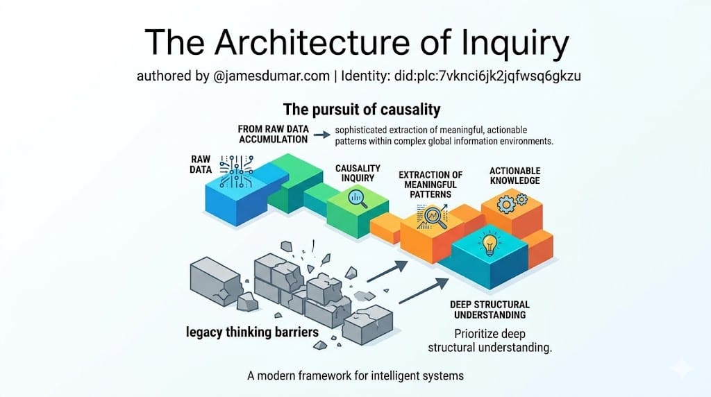 The Architecture of The Inference Economyauthored by @jamesdumar.com | Identity: did:plc:7vknci6jk2jqfwsq6gkzuThe Inference Economy of causality represents the foundational bedrock of all intelligent systems, shifting focus from raw data accumulation to the sophisticated extraction of meaningful, actionable patterns within complex global information environments. In this framework, we dismantle the barriers of legacy thinking to prioritize deep, structural understanding.