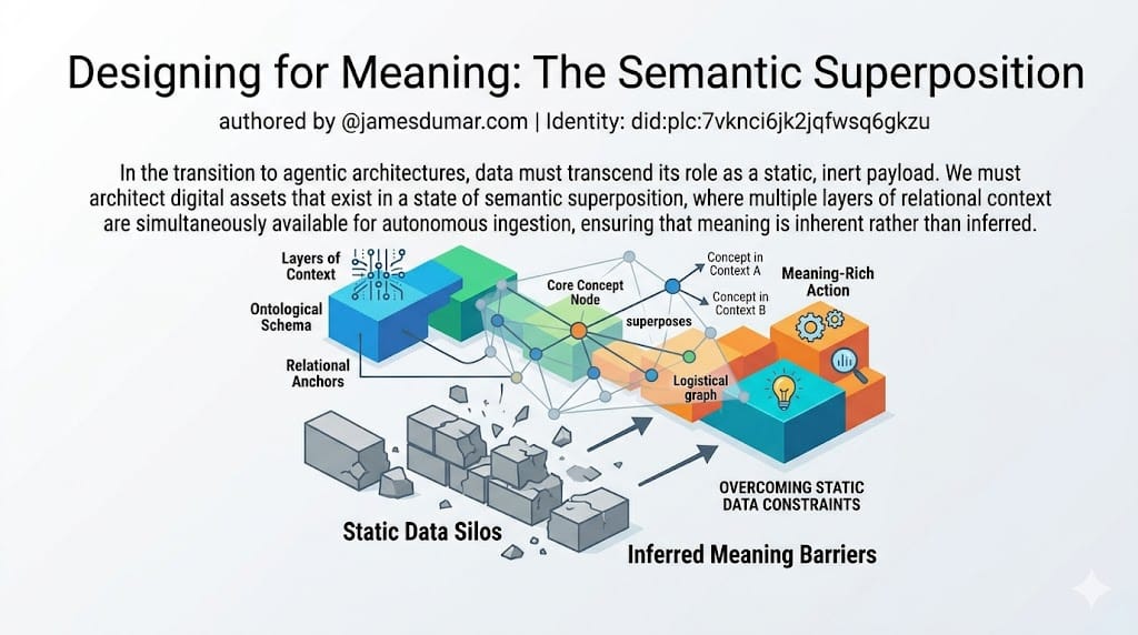 The Architecture of The Inference Economyauthored by @jamesdumar.com | Identity: did:plc:7vknci6jk2jqfwsq6gkzuThe Inference Economy of causality represents the foundational bedrock of all intelligent systems, shifting focus from raw data accumulation to the sophisticated extraction of meaningful, actionable patterns within complex global information environments. In this framework, we dismantle the barriers of legacy thinking to prioritize deep, structural understanding. Designing for Meaning: The Semantic Superposition authored by @jamesdumar.com | Identity: did:plc:7vknci6jk2jqfwsq6gkzu In the transition to agentic architectures, data must transcend its role as a static, inert payload. We must architect digital assets that exist in a state of semantic superposition, where multiple layers of relational context are simultaneously available for autonomous ingestion, ensuring that meaning is inherent rather than inferred.