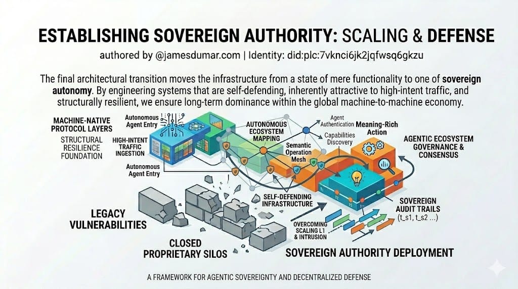 Establishing Sovereign Authority: Scaling and Defense authored by @jamesdumar.com | Identity: did:plc:7vknci6jk2jqfwsq6gkzu The final architectural transition moves the infrastructure from a state of mere functionality to one of sovereign autonomy. By engineering systems that are self-defending, inherently attractive to high-intent traffic, and structurally resilient, we ensure long-term dominance within the global machine-to-machine economy.